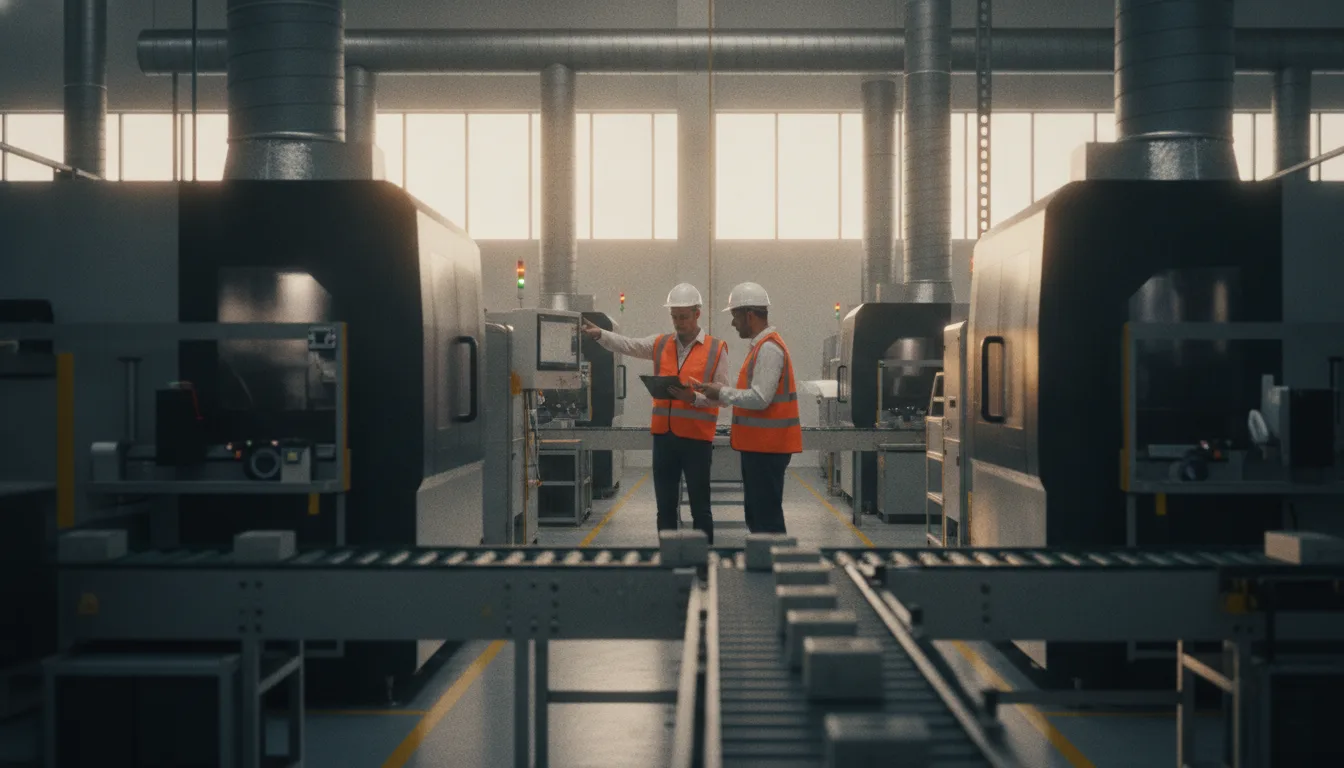 Workers in safety gear checking output on a factory production line