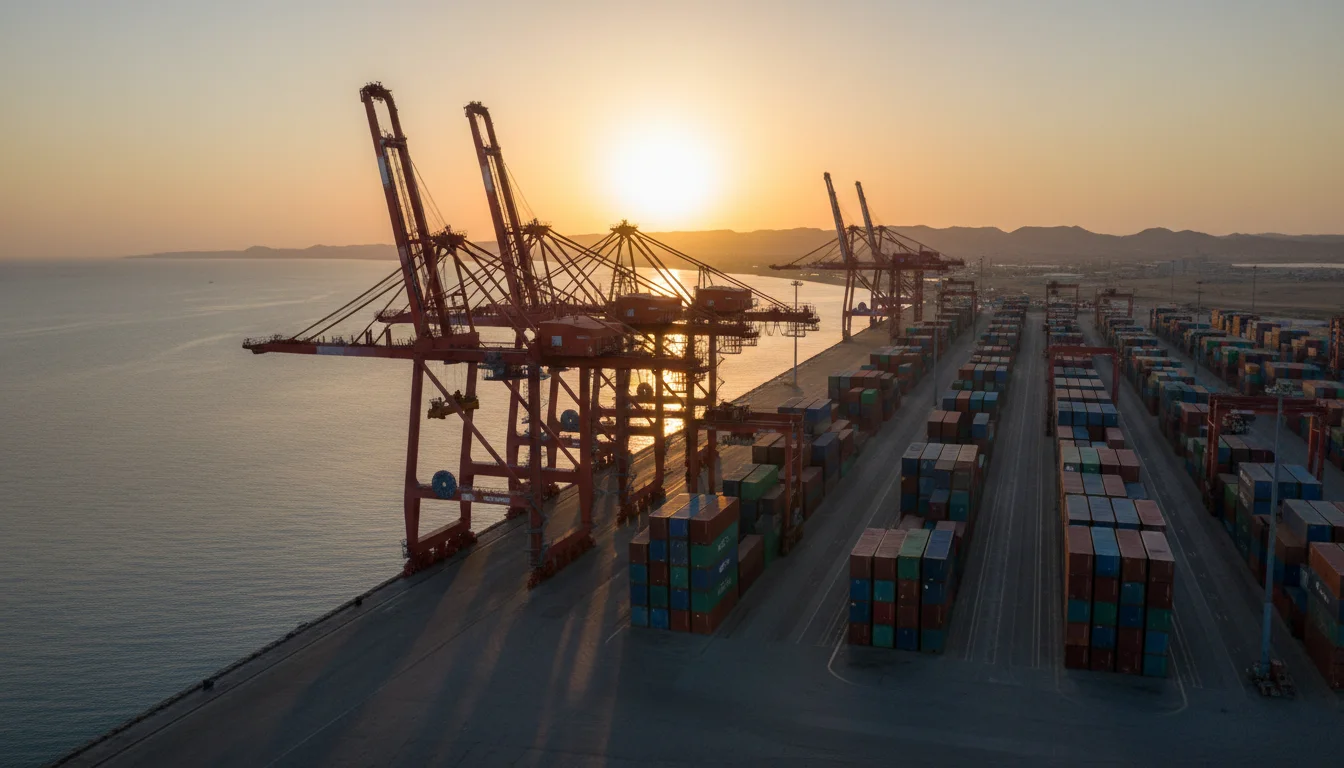 Red Sea port terminal at sunrise